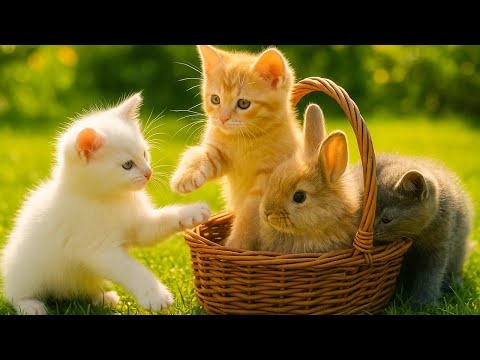 Happy Kitten and Rabbit Playing in the Sun - Cat Meowing