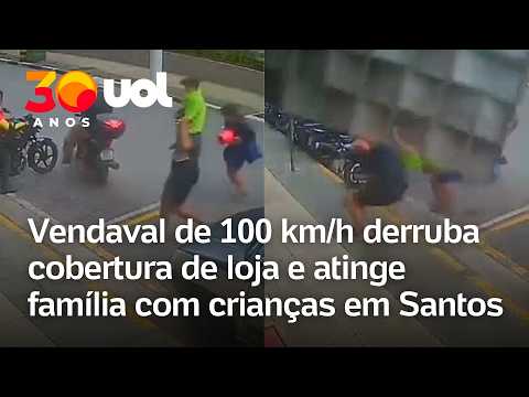 Fachada de loja desaba sobre família com crianças durante vendaval em Santos (SP)