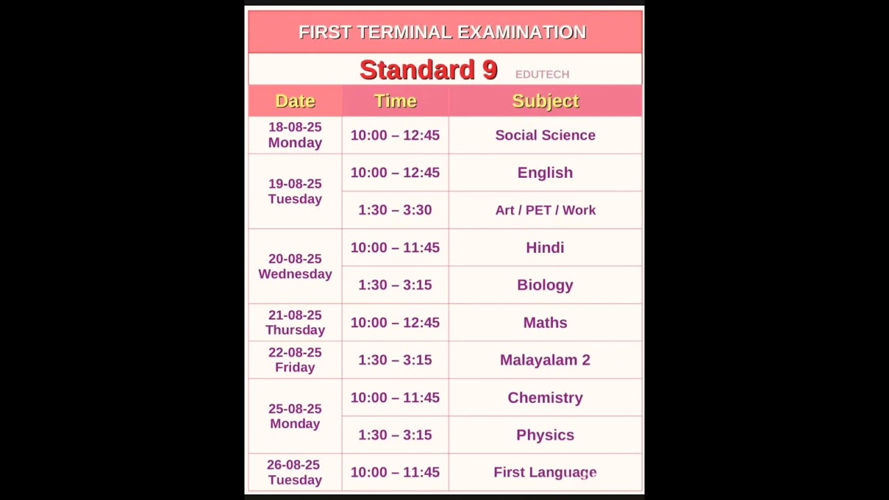 class 9 onam exam time table 2025