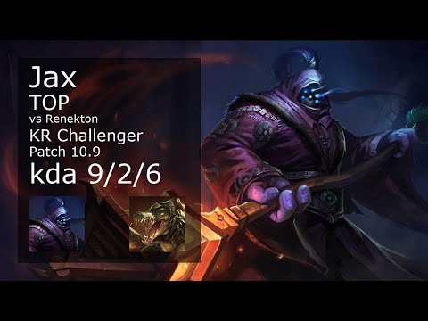 Jax Top vs Renekton - KR Challenger 9/2/6 Patch 10.9 Gameplay