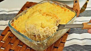 MACARRÃO COM FRANGO AO MOLHO BRANCO GRATINADO DE FORNO