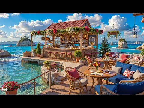 Happy Bossa Nova Jazz Music & Calming Ocean Waves 🌊 Beach Cafe Ambience for Relax, Stress Relief