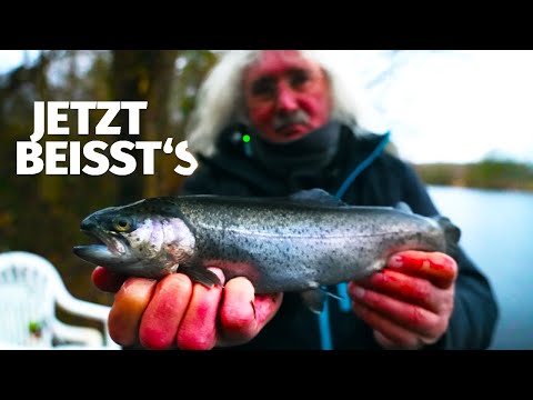 Too late at the trout pond, but still catching one! Jörg Ovens and the right feeding time.