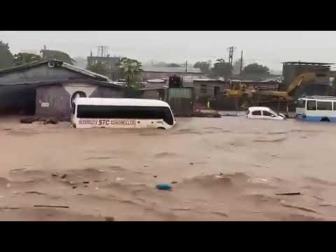 WATCH: Bus Swept Away by Floodwaters at Achimota–Abofu After Heavy Downpour
