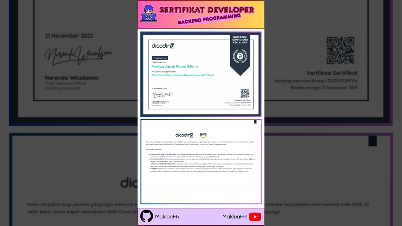 Backend Developer Portofolio Sertifikat Industri. #coding #dicoding #aws #javascript #backend