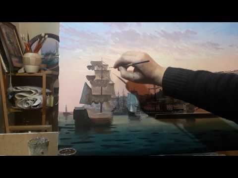 Мастер класс как написать парусник маслом, детали корабля рангоут, такелаж... Морской пейзаж маслом