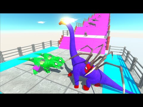 SPIDERMAN BRACHIO vs 2X HULK T-REX vs HUGGY WUGGY SPINO DEATH FALL - Animal Revolt Battle Simulator