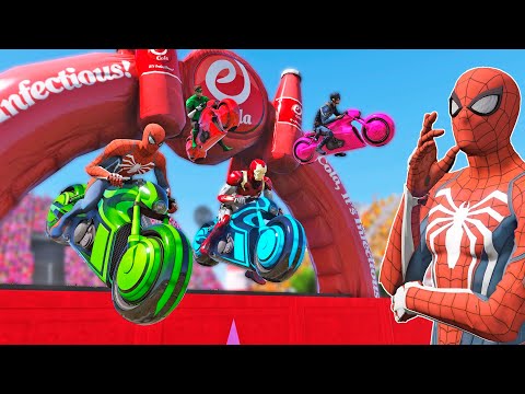 MOTOS com HOMEM ARANHA e HERÓIS! Desafio Salto com MOTOS Tron na Rampa - IR GAMES