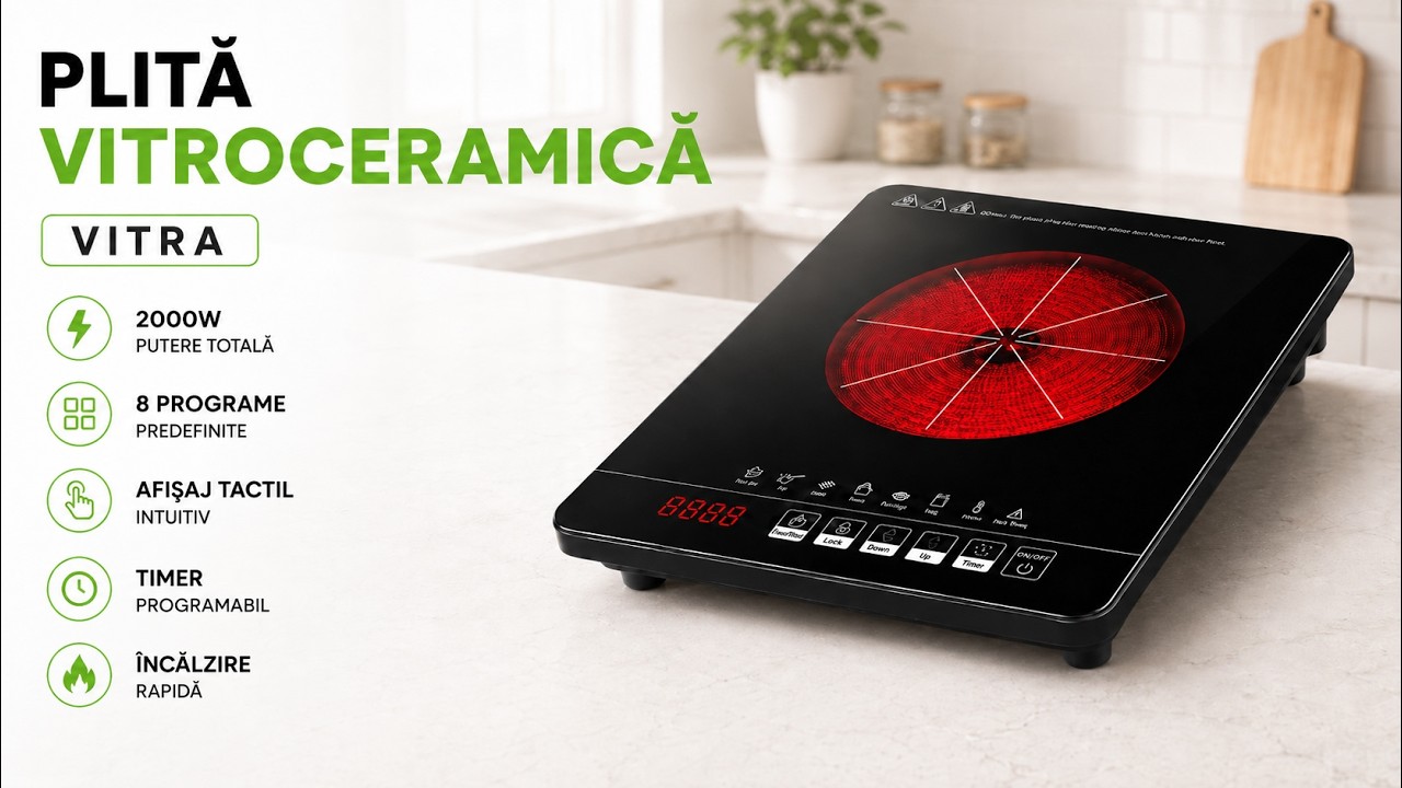 Plită vitroceramică VITRA, 2000 W, 8 programe, afișaj tactil, timer