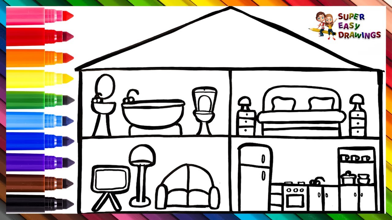 How To Draw A House 🏡 Drawing And Coloring A House With Rooms 🏠🛏️🛋️ Drawings For Kids