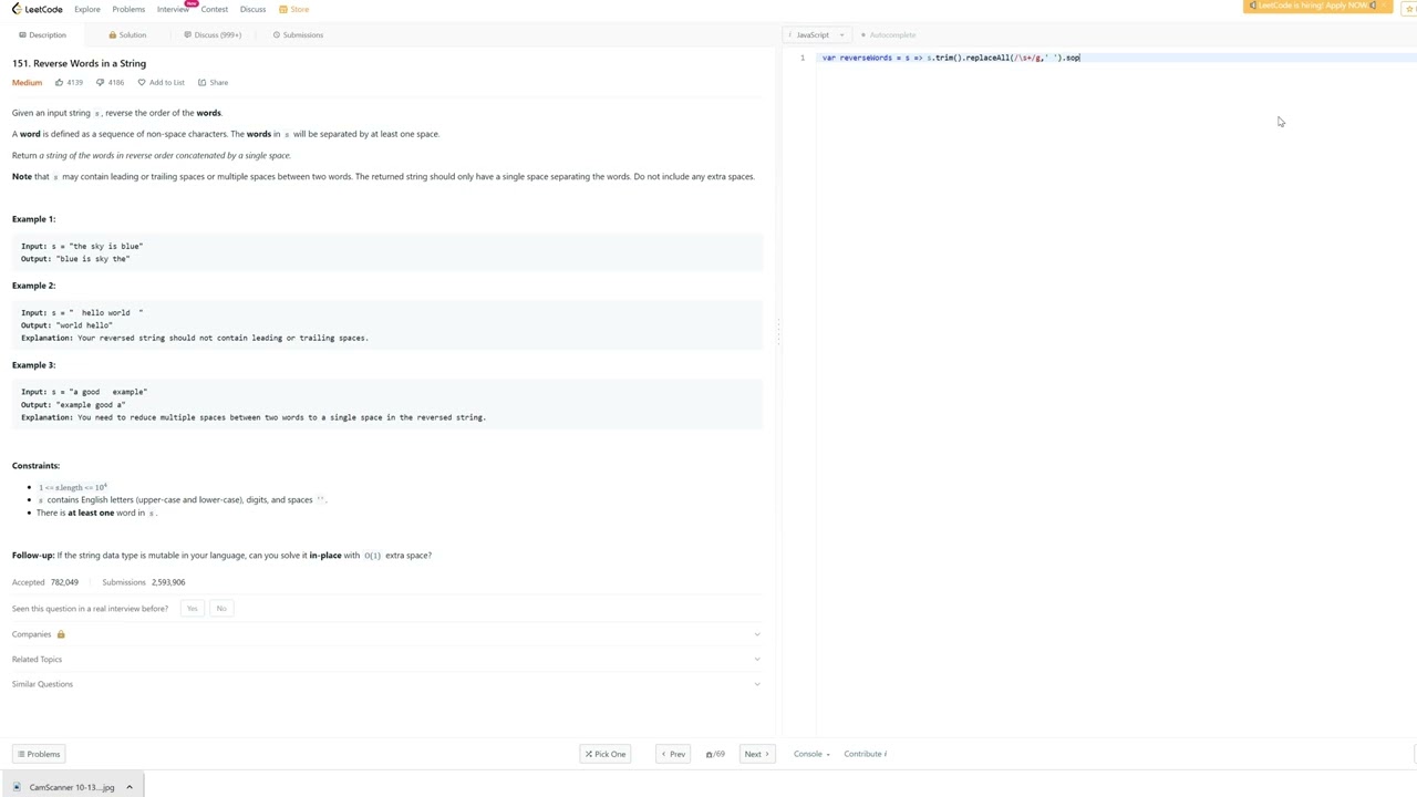 151. Reverse Words in a String - JavaScript - One Line