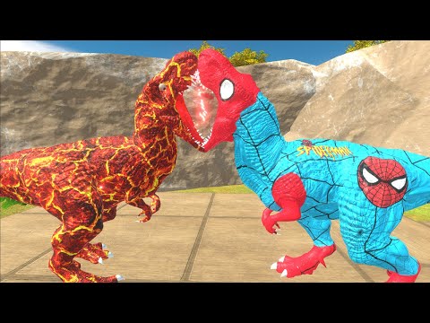 LAVA T-REX VS SPIDERMAN BLUE T-REX OASIS DEATH CLIMB ►Animal Revolt Battle Simulator