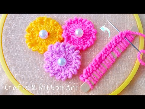 Amazing Woolen Flower Craft Ideas with Ice Cream Stick - Hand Embroidery Easy Flower Making
