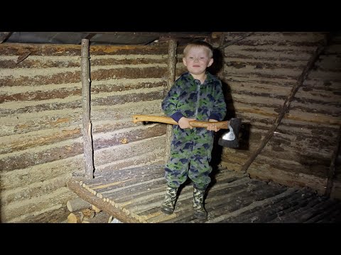 Primitive Shelter Camping - Bushcraft Log Cabin in Rain Storm