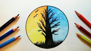 كيفية رسم منظر طبيعي ليلي سهل خطوة خطوة رسم سهل وبسيط  تعليم