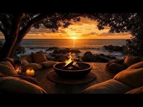 Golden Sunset by the Shore 🌊 Soothing Waves & Firelight for Inner Calm