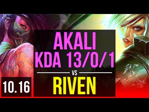 AKALI vs RIVEN (TOP) | KDA 13/0/1, 600+ games, 2 early solo kills, Legendary | EUW Master | v10.16