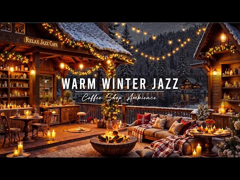 Winter Coffee Porch Ambience with Warm Jazz Music ⛄ Soft Jazz Background Music & Crackling Fireplace
