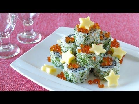 How to Make Christmas Tree Alaska Sushi Rolls (Grilled Salmon and Avocado) | OCHIKERON