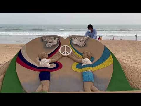 Ukraine v Russia. sand aer by Sudarshan at Puri beach.