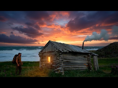 Alone on a Deserted Arctic Island | Restoring a Log Cabin for the Night (ASMR)