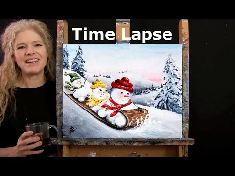 TIME LAPSE - Learn How to Paint SLEDDING SNOWMEN with Acrylic - Fun Winter Step by Step Tutorial