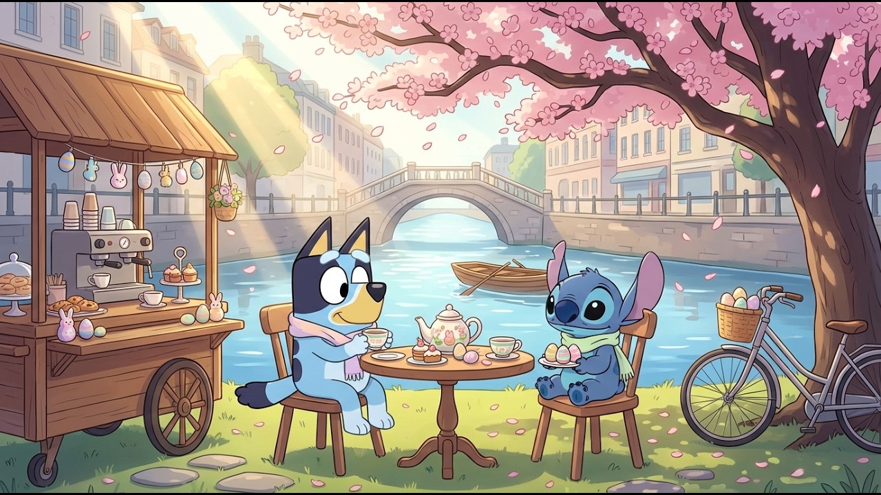 Stitch & Bluey Easter Blossom Café 🌷 Spring Lofi Beats for Study & Work 🐰 Peaceful Canal Mood