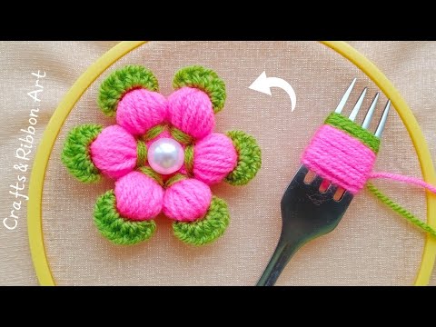 It's so Beautiful 💖🌟 Superb Woolen Flower Making Trick with Fork - Hand Embroidery Amazing Flowers