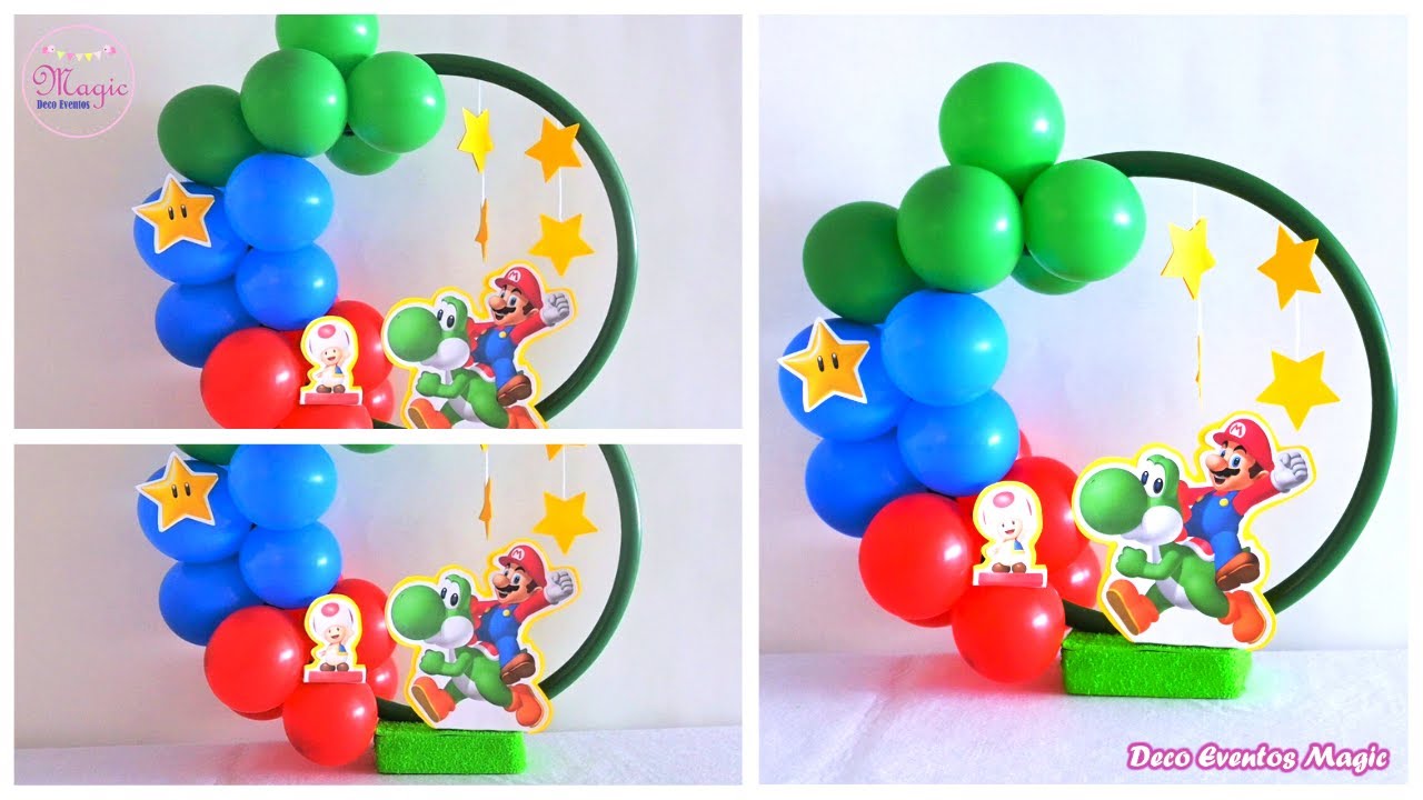 Centro de mesa con globos tematica Mario Bross / Mario Bross themed balloon centerpiece