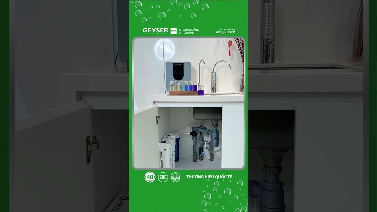 Máy lọc nước ion kiềm Geyser Ecotar 9 lắp đặt hoàn thiện để bàn, trên kệ bếp tiết kiệm không gian