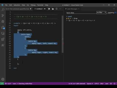 Proof of ((p ∨ q) → r) ↔ (p → r) ∧ (q → r) with Lean