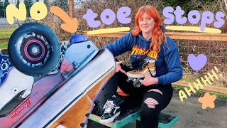 Rollerskating at the Skate Park WITH NO TOE STOPS! Tips for stopping, pumping, carving, ramp tricks