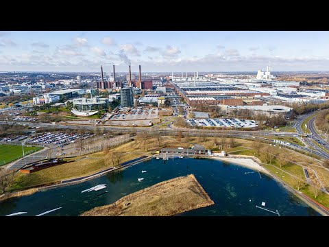 Flight over the #Allersee panoramic view of the #volkswagen factories and the #Autostadt #Wolfsburg