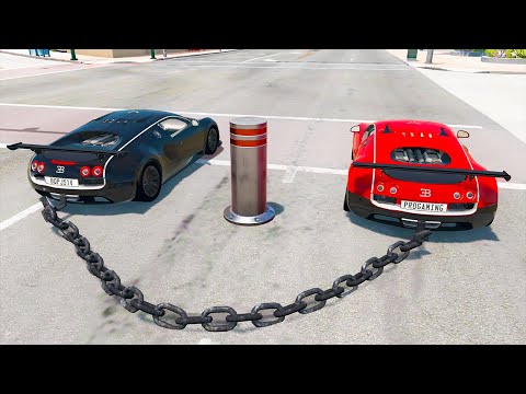 CARS VS BOLLARDS Chained Cars -- BeamNG.Drive