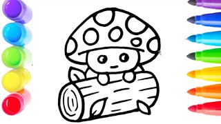 How To Draw cute mushroom character on a log Drawing, Painting for kids and Toddlers