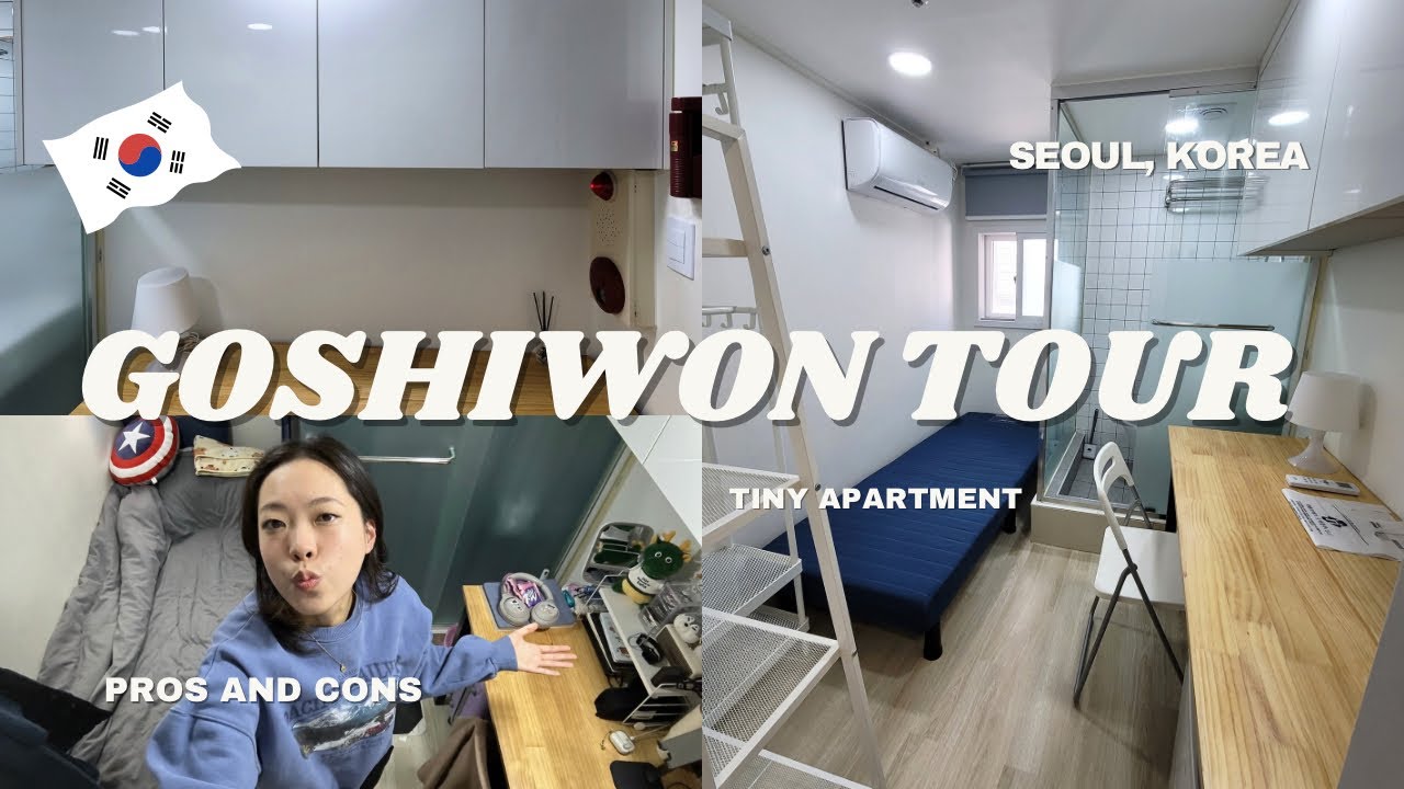 A modern Korean oneroomtel goshiwon style apartment with private bathroom small kitchenette and updated design for international student living in Seoul