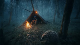 solo camping and bushcraft in rain forest: building cozy shelter under tree-ASMR