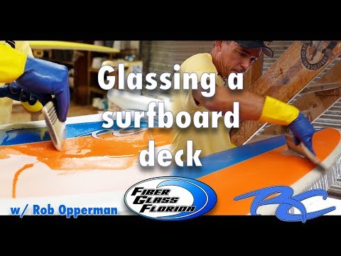 Glassing a Surfboard Deck : Sanding the cut laps and laminating the top of a surfboard