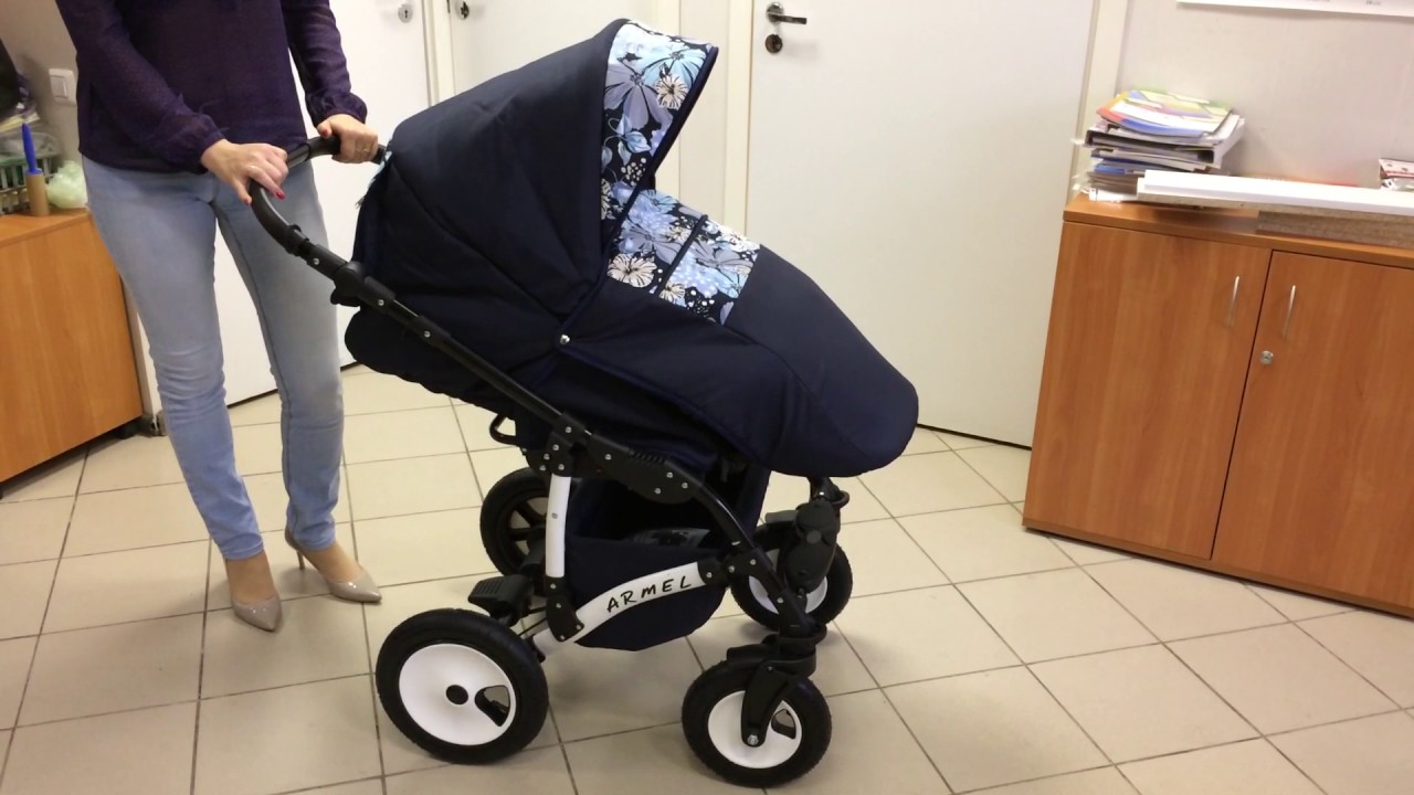 Marimex Armel - коляска 3 в 1 темно синяя с принтомцветочная микс