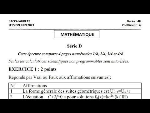 Correction Sujet de Mathématique type BAC 2023 (Exemple de sujet)