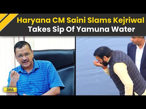 Yamuna Poison Row: Haryana CM Nayab Saini Takes Sip Of Yamuna Water, Slams Arvind Kejriwal's Claim