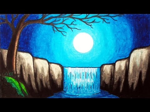 Easy Moonlight Waterfall Scenery Drawing | How to Draw...