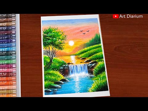 Waterfall Scenery Drawing with Oil Pastel | Step-by-Step #doms