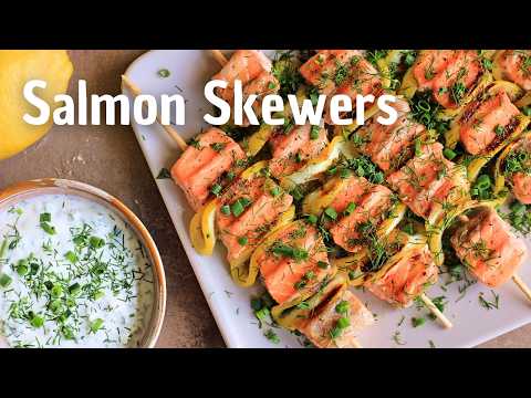 How to Make Lemony Salmon Skewers with Yogurt Dip