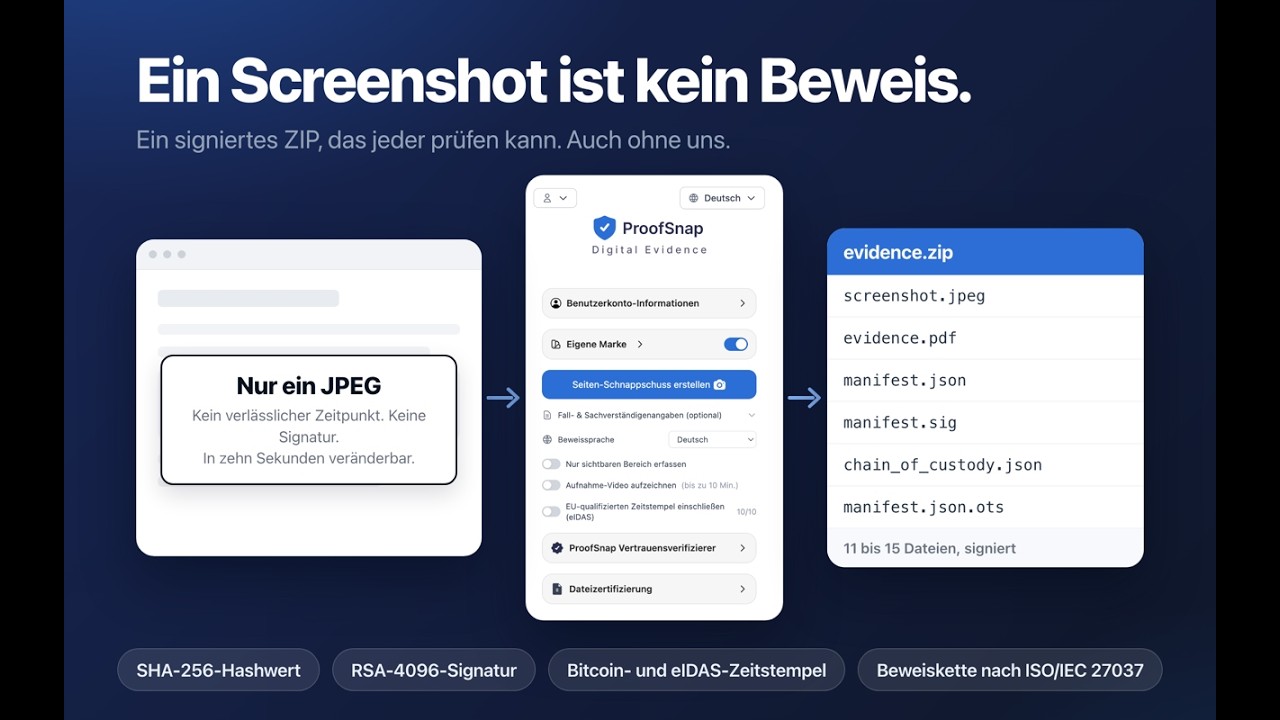 ProofSnap Demo: Gerichtsfeste Screenshots mit SHA-256-Hash und Bitcoin-Blockchain-Zeitstempel erstellen, eIDAS 2 konform