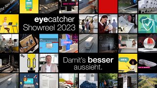 Bildkachel aus eyecatcher-Logo-Bildmarke und 3 Standbildern von eyecatcher-Projekten sowie dem Text 'Portfolio 2018'