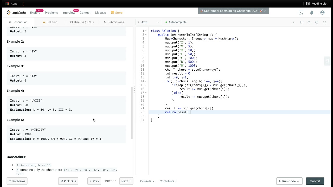 LeetCode #13 Roman to Integer - Coding Interview Problem with Java Solution