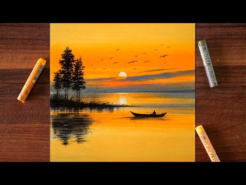 Beautiful sunset painting using oil pastels | step by step tutorial for beginners