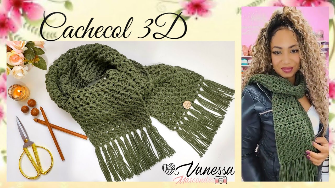 Cachecol de Crochê com pontos 3D. Por @VanessaMarcondes