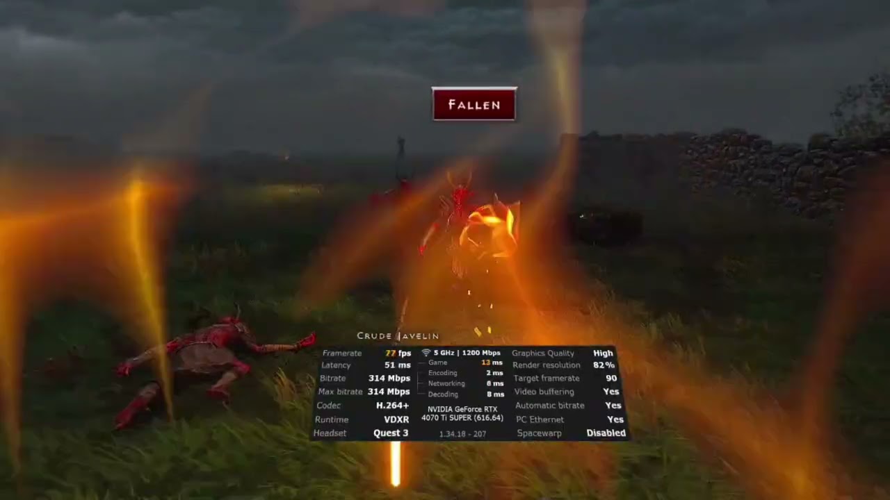 D2R VR in native OpenXR: a Fallen demon wreathed in fire on a dark field, with a streaming statistics overlay showing frame rate and latency